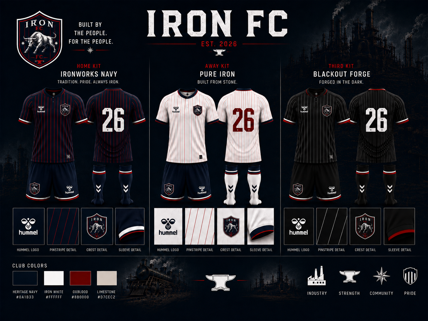 Jackson County Iron FC first-team collection showing the Ironworks Navy home kit, Pure Iron away kit, and Blackout Forge third kit from the front and back