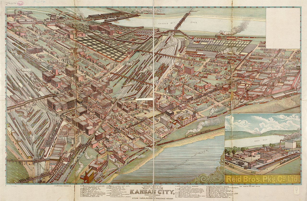 1895 panoramic map of the West Bottoms stockyards, packing houses, and rail lines
